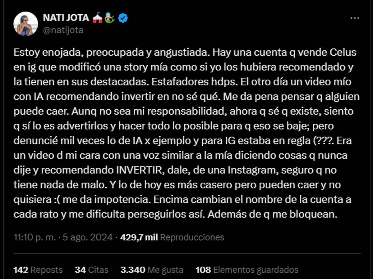 El furioso descargo de Nati Jota. El furioso descargo de Nati Jota.
