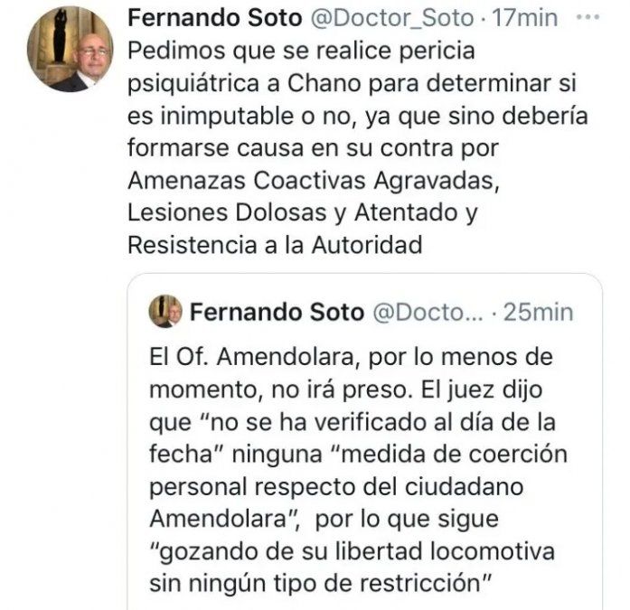 Soto solicitó una pericia psiquiátrica para Chano.
