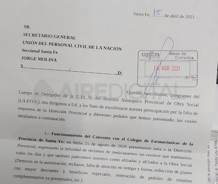La nota presentada por los delegados de Upcn en Iapos a Jorge Molina.