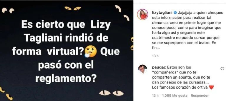 Lizy Tagliani fue cuestionada sobre un examen en la universidad. 