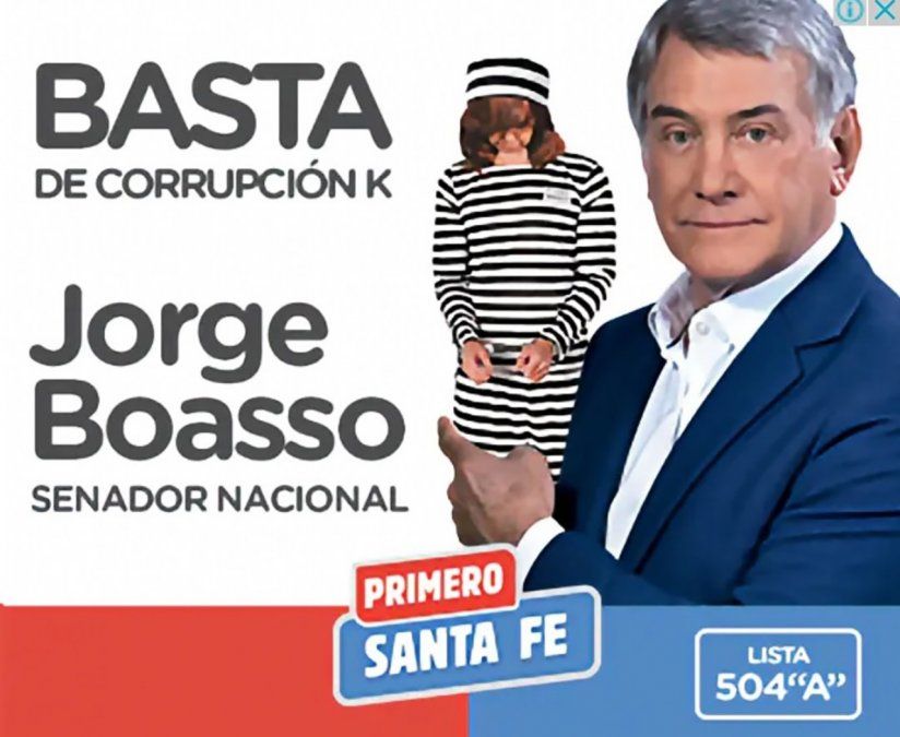 El afiche de la polémica. Con una estrategia similar a la de Carolina Losada, el rosarino Jorge Boasso busca hacerse fuerte entre el electorado anti-K.