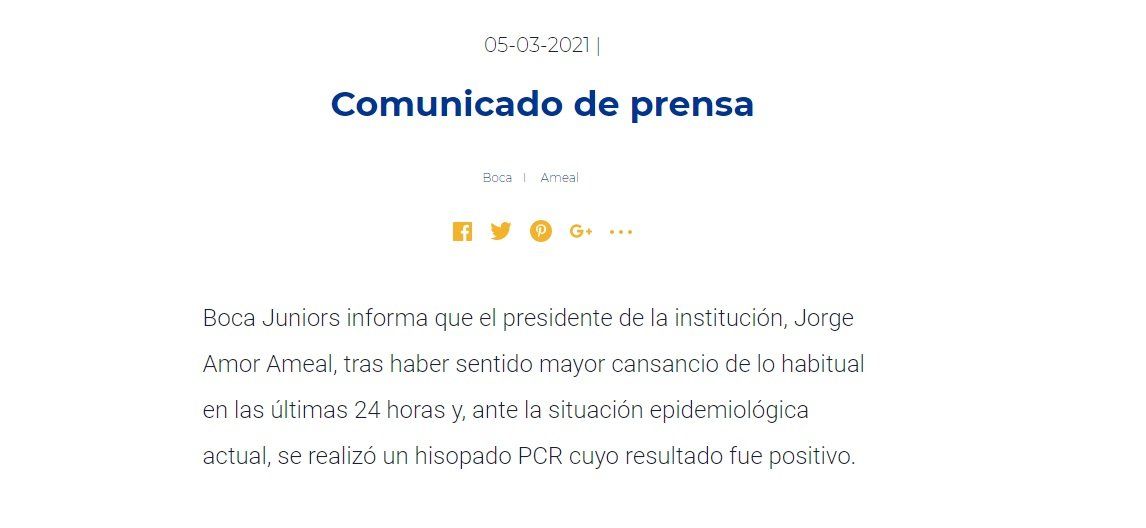 El comunicado de prensa que publicó Boca en su sitio web oficial.