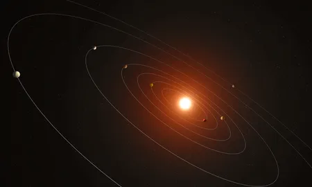 Concepto artístico de Kepler-385, el sistema de siete planetas revelado en un nuevo catálogo de candidatos a planetas descubiertos por el telescopio espacial Kepler de la NASA. Concepto artístico de Kepler-385, el sistema de siete planetas revelado en un nuevo catálogo de candidatos a planetas descubiertos por el telescopio espacial Kepler de la NASA.