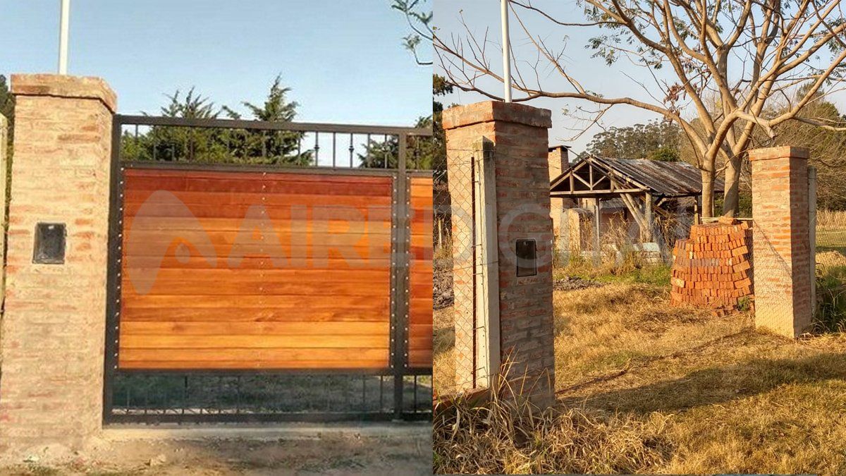 A la izquierda el portón colocado en la casa en construcción sobre la calle 17 de Arroyo Leyes. A la derecha