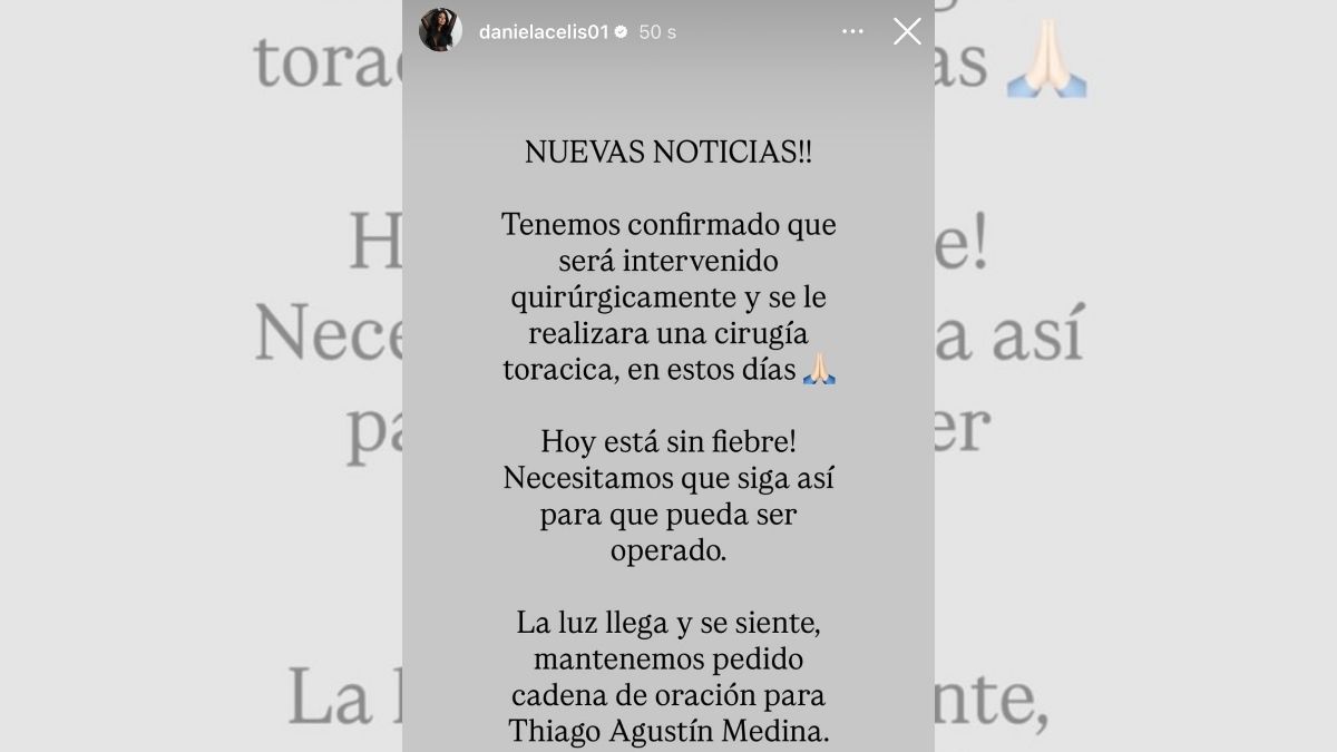 Daniela Celis actualizó a sus seguidores sobre la salud de Thiago Medina. Daniela Celis actualizó a sus seguidores sobre la salud de Thiago Medina. 