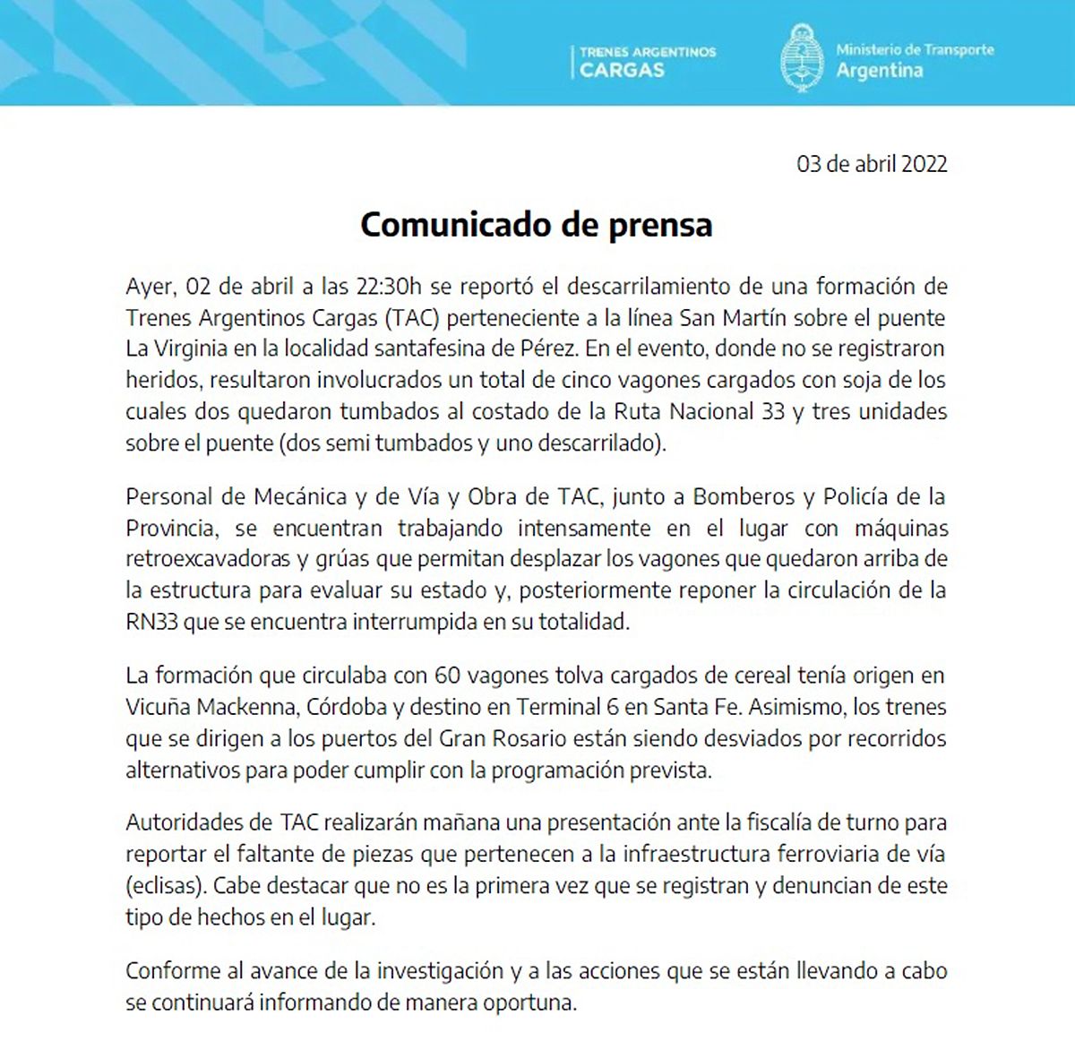 Comunicado de Trenes Argentinos