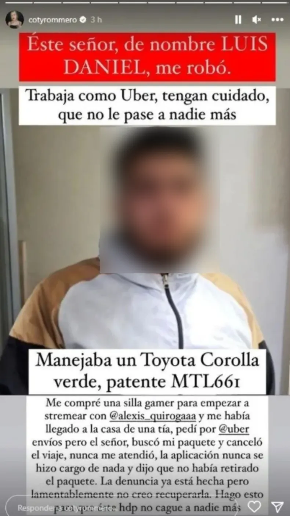 Coti Romero fue víctima de un robo luego de contactar a un conductor de uber para que recoja un paquete a su nombre.