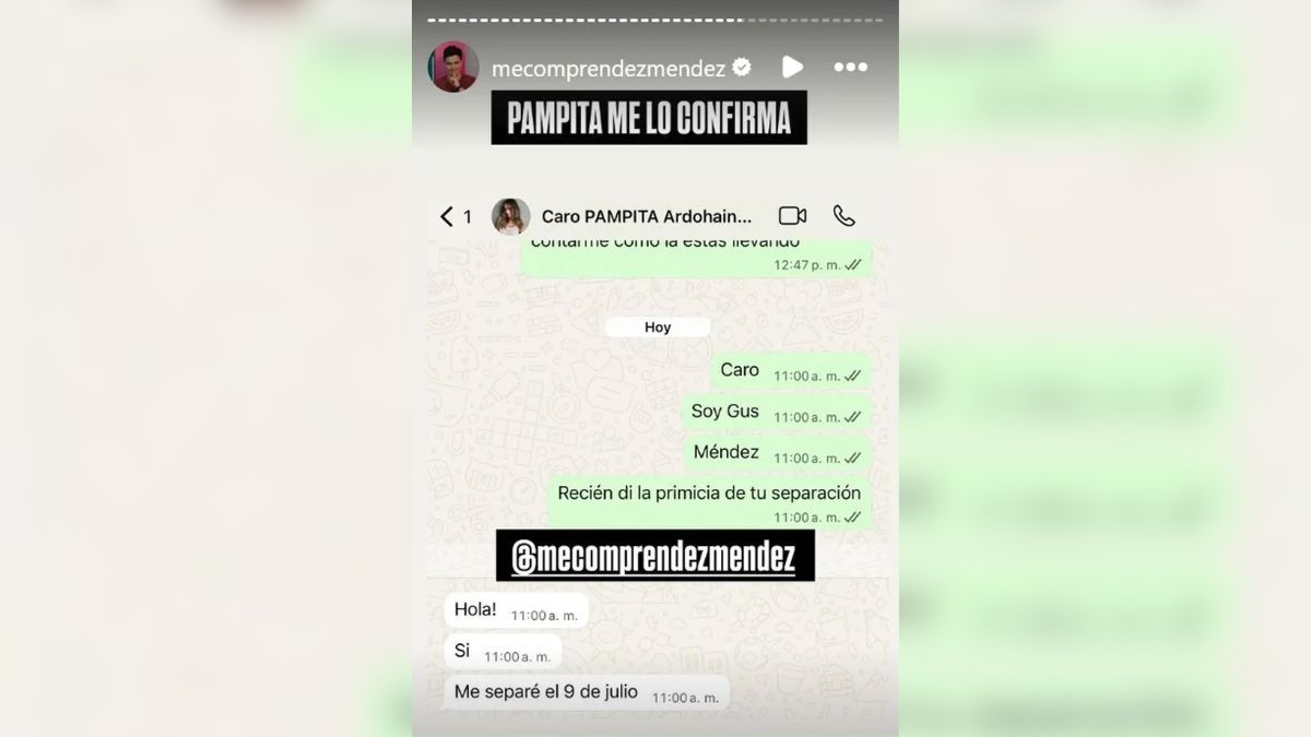 Gustavo Mendez expuso el chat que mantuvo con Pampita tras su ruptura con Martín Pepa. Gustavo Mendez expuso el chat que mantuvo con Pampita tras su ruptura con Martín Pepa.