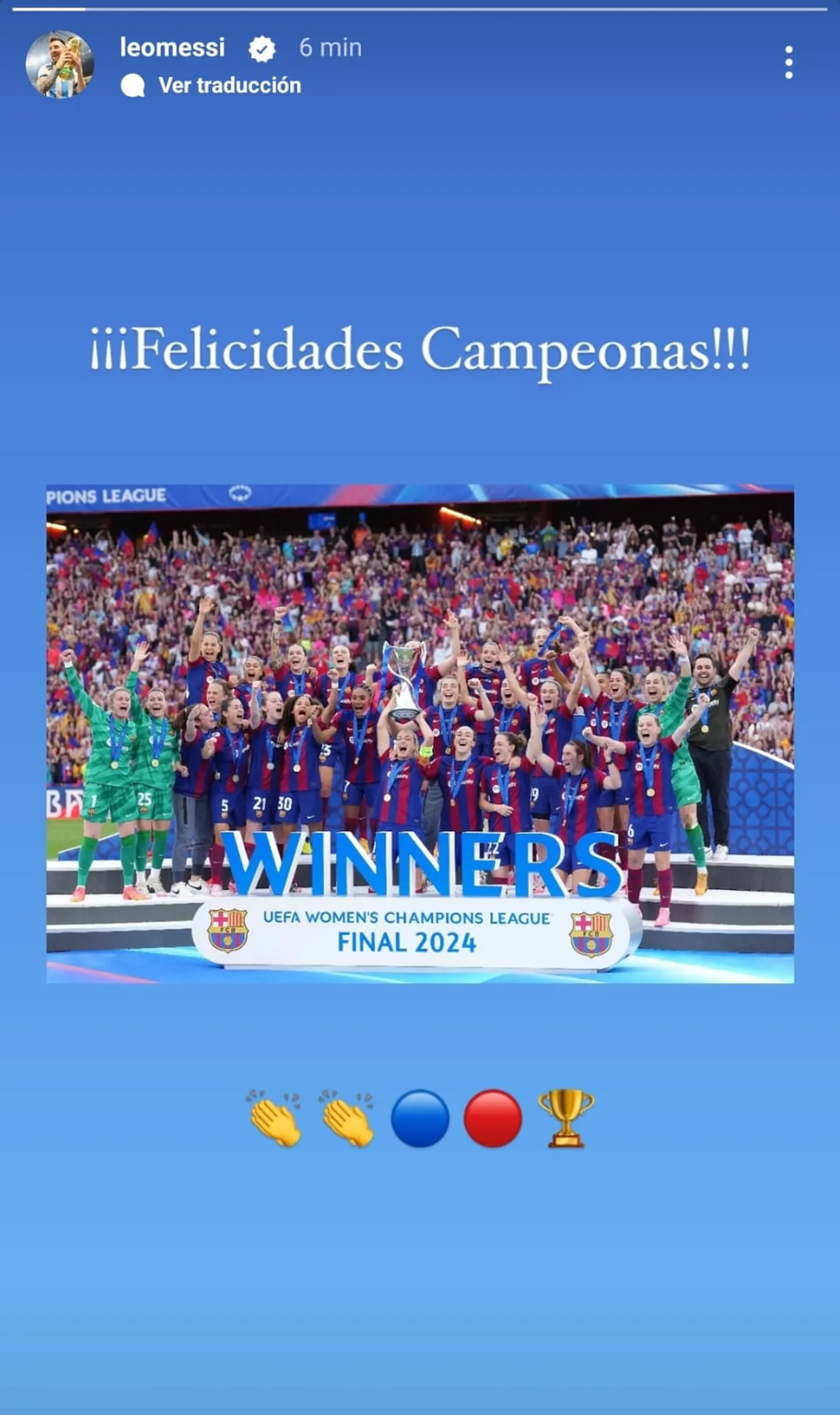 Lionel Messi celebró que el Barcelona ganó la Champions League femenina. Lionel Messi celebró que el Barcelona ganó la Champions League femenina.