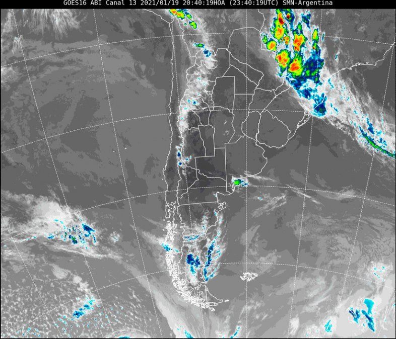 La imagen satelital del tiempo a las 20.40 horas del martes muestra a la provincia de Santa Fe completamente despejada de nubosidad.