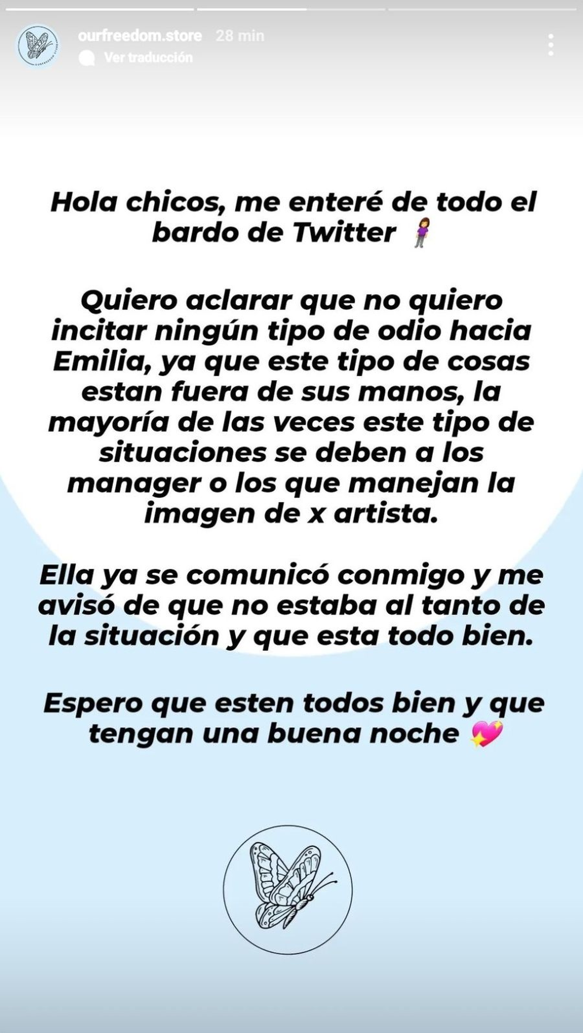 El segundo comunicado emitido por el emprendimiento sobre el tema de Emilia Mernes. El segundo comunicado emitido por el emprendimiento sobre el tema de Emilia Mernes.