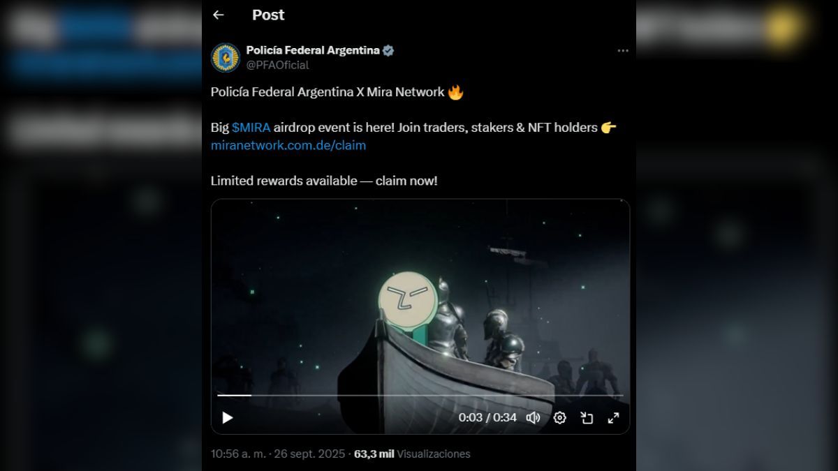 Los mensajes difundidos por las redes de la Policía Federal promocionaban la criptomoneda $MIRAy videos vinculados a Mira Network. Los mensajes difundidos por las redes de la Policía Federal promocionaban la criptomoneda $MIRAy videos vinculados a Mira Network.