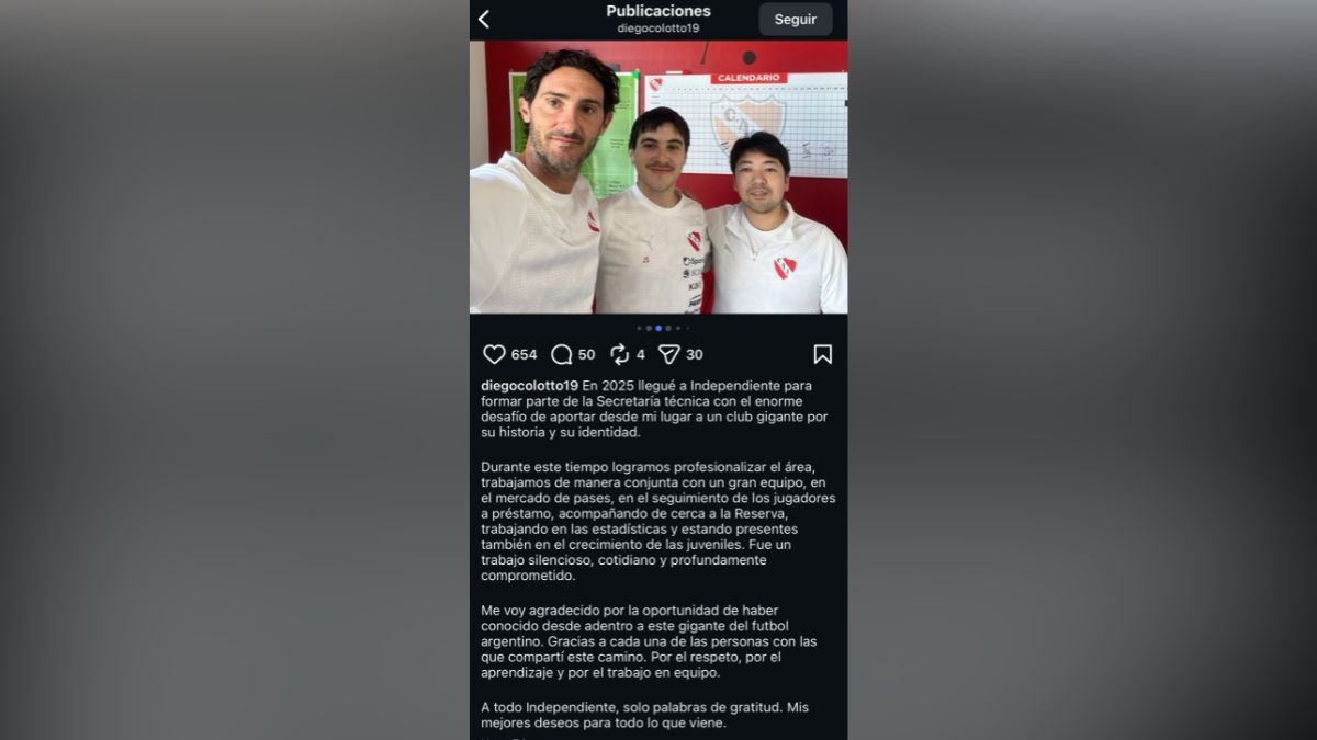 El emotivo poste de Diego Colotto en sus redes sociales. El emotivo poste de Diego Colotto en sus redes sociales.