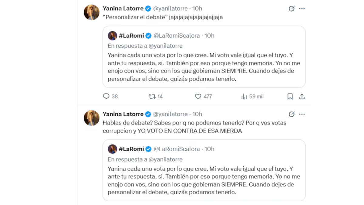 Yanina Latorre se cruzó con Romina Scalora en las redes.