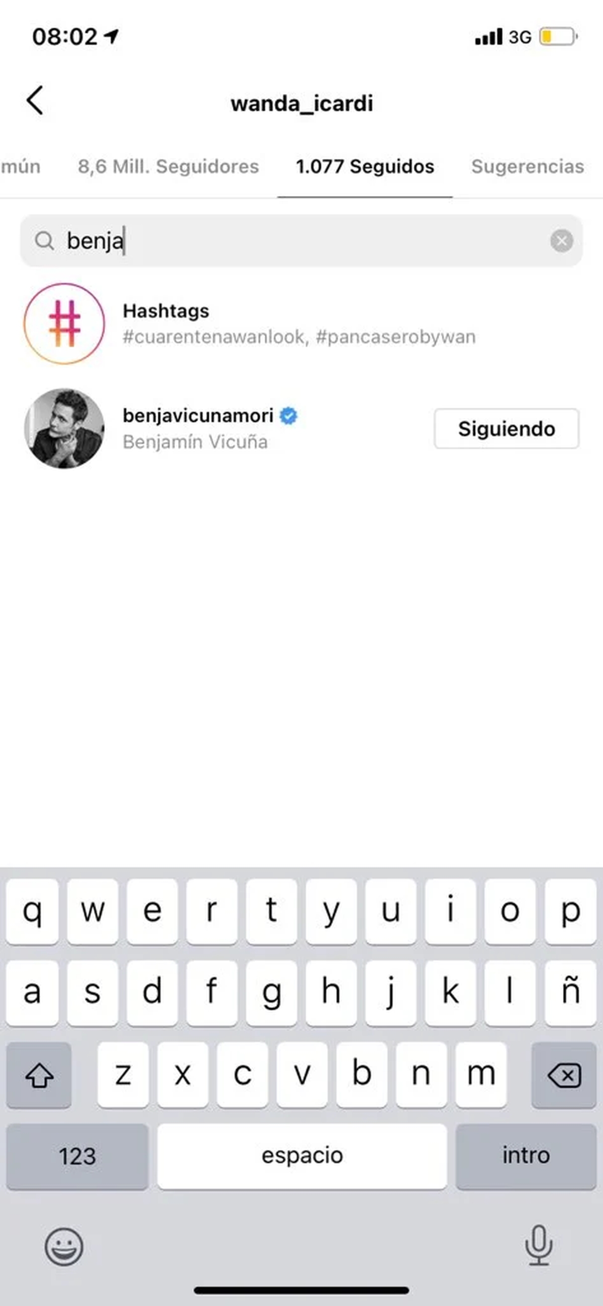 Wanda Nara siguió a Benjamín Vicuña en Instagram.