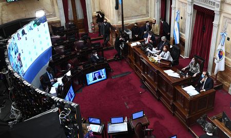 Cristina Kirchner encabeza la sesión en el Senado por la moratoria. Cristina Kirchner encabeza la sesión en el Senado por la moratoria.