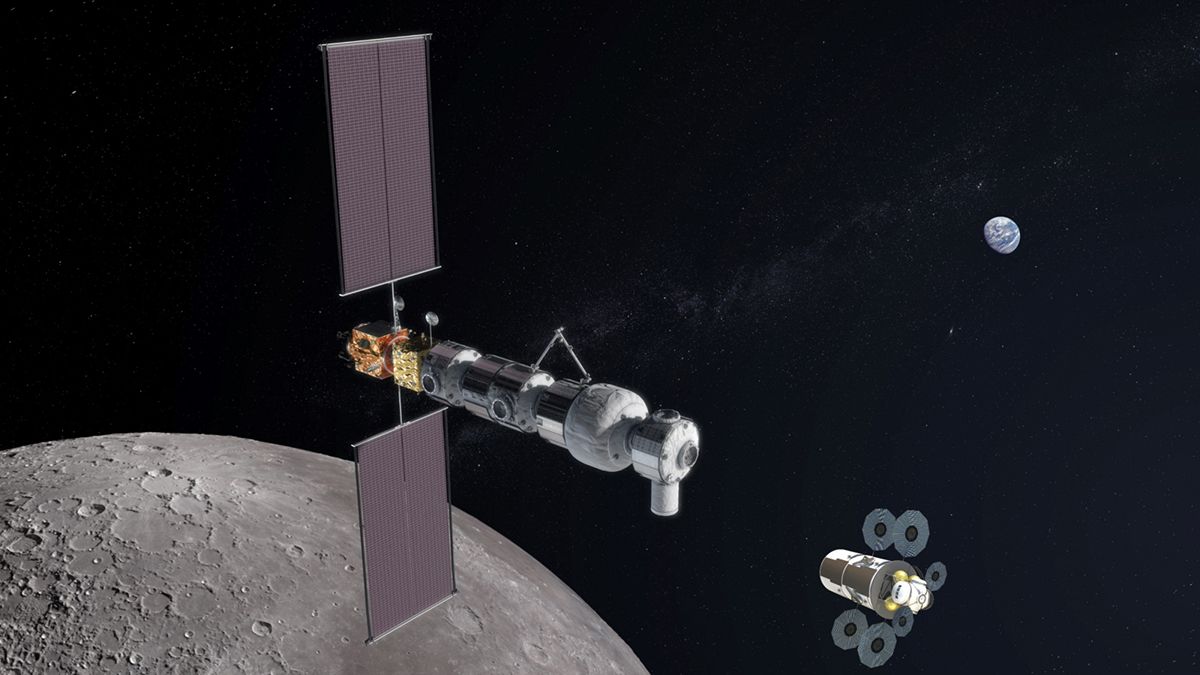 Así será la Estación Espacial lunar "Gateway" de la Nasa, en la órbita de la Luna.