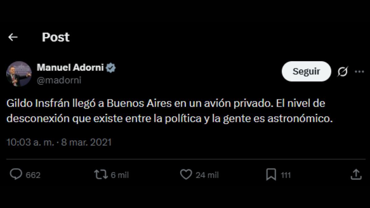 En 2021, Manuel Adorni apunt&oacute; contra Gildo Insfr&aacute;n por usar aviones privados.