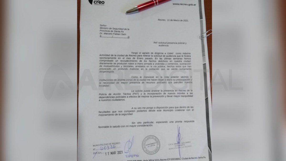 La última solicitud de audiencia que el intendente Colombo envió al ministro Sain. La primera fue en enero y no hubo respuesta.