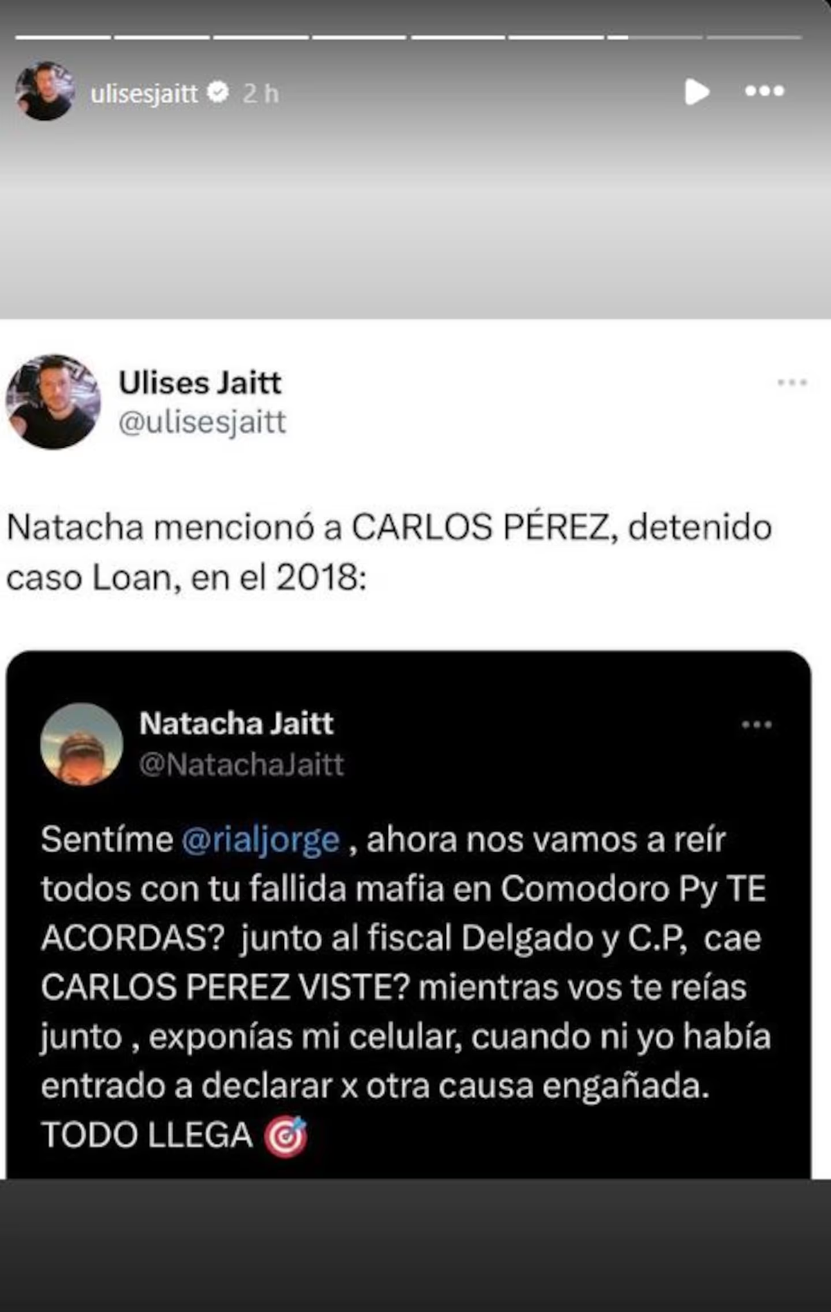 El mensaje en el que Natacha Jaitt mencionaba a Carlos Pérez (Foto: Captura Twitter / ulisesjaitt) El mensaje en el que Natacha Jaitt mencionaba a Carlos Pérez (Foto: Captura Twitter / ulisesjaitt)