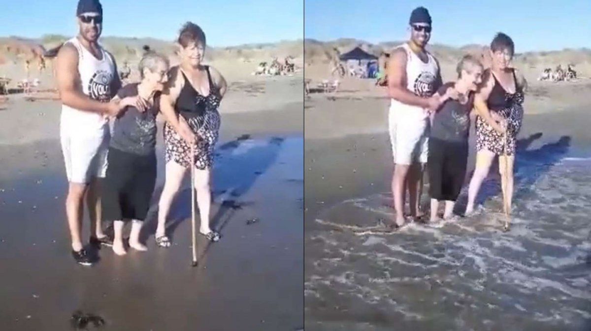 Doña Panchita pudo tocar la arena y su familia grabó el momento en el que la mujer se metía al agua en Las Grutas.