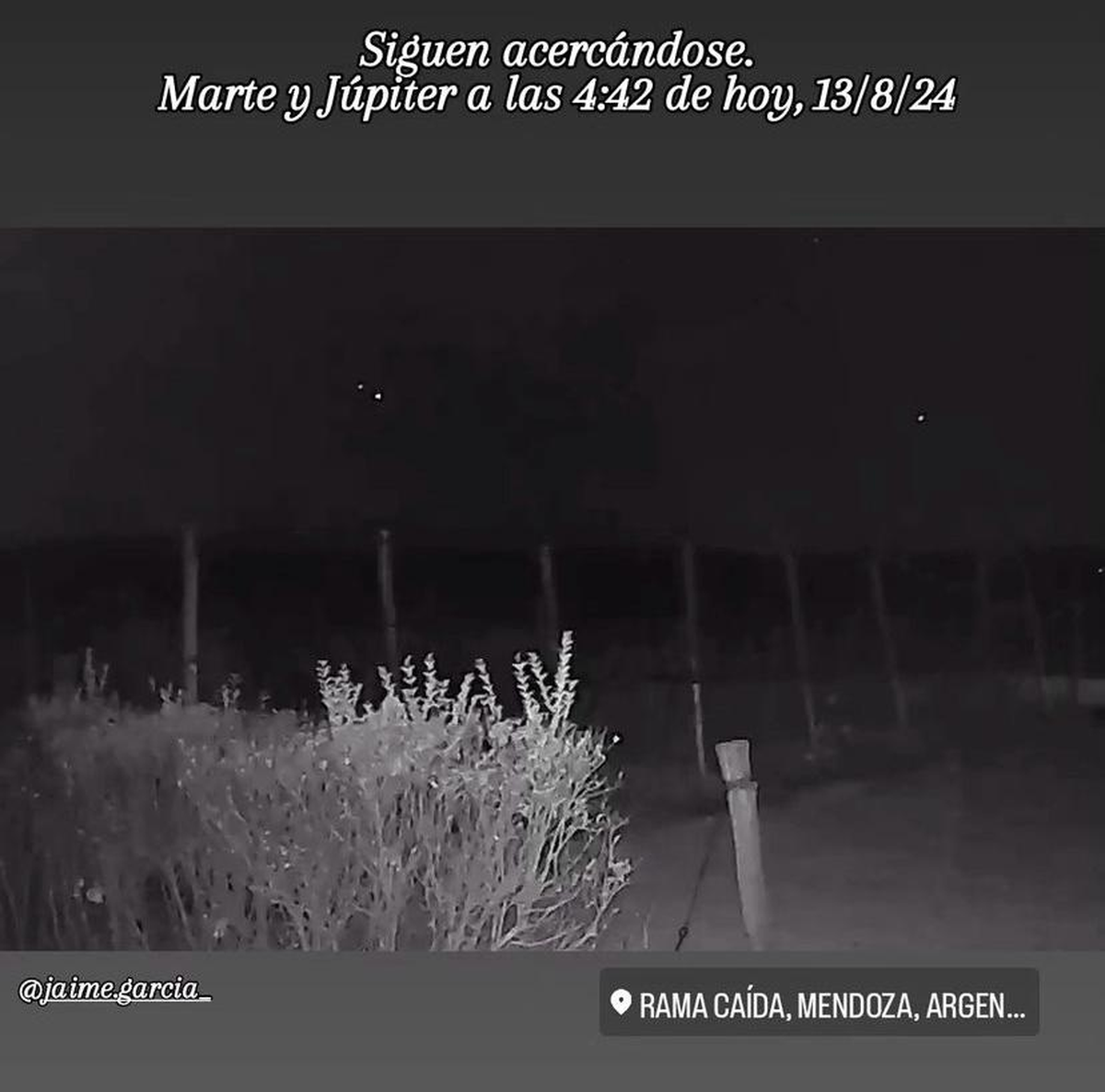 El astrónomo que vive en Rama Caída, Mendoza, realizó el seguimiento de la conjunción de Júpiter y Marte en sus redes sociales. Esta foto fue posteada en su cuenta @jaime.garcia_ en Instagram. El astrónomo que vive en Rama Caída, Mendoza, realizó el seguimiento de la conjunción de Júpiter y Marte en sus redes sociales. Esta foto fue posteada en su cuenta @jaime.garcia_ en Instagram.