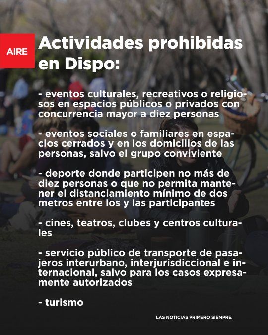 Dispo. El listado de actividades prohibidas hasta el 25 de octubre.