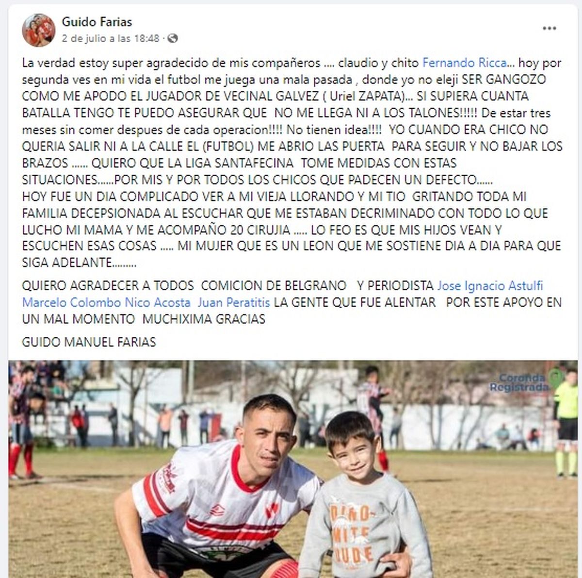 Guido Farías hizo un descargo en redes sociales sobre lo ocurrido el sábado, durante el partido entre Belgrano de Coronda y Vecinal Gálvez.