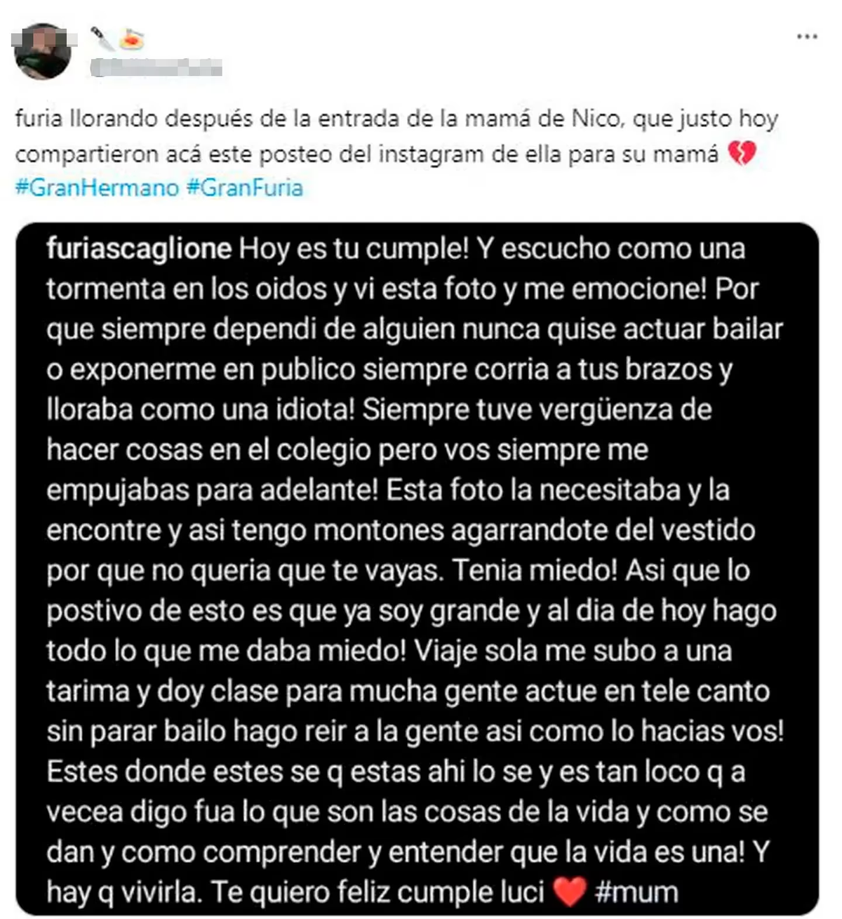 Publicación sobre la mamá de Furia. Publicación sobre la mamá de Furia.