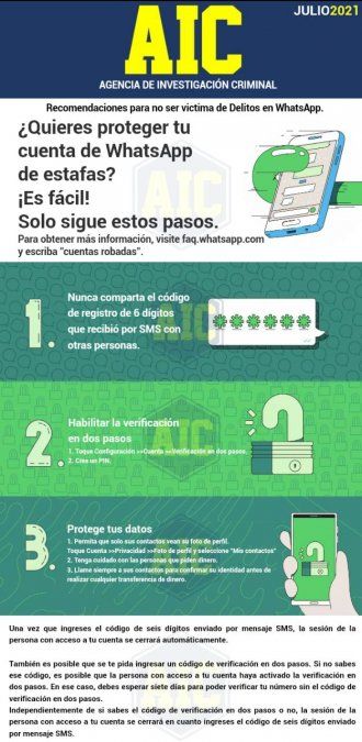 Para evitar esto lo que se recomienda desde el departamento de Cibercrimen es activar la verificación en dos pasos tanto en el caso de WhatsApp como para Instagram.