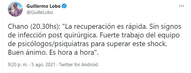 Guillermo Lobo anunció que Chano mejora en su salud. 