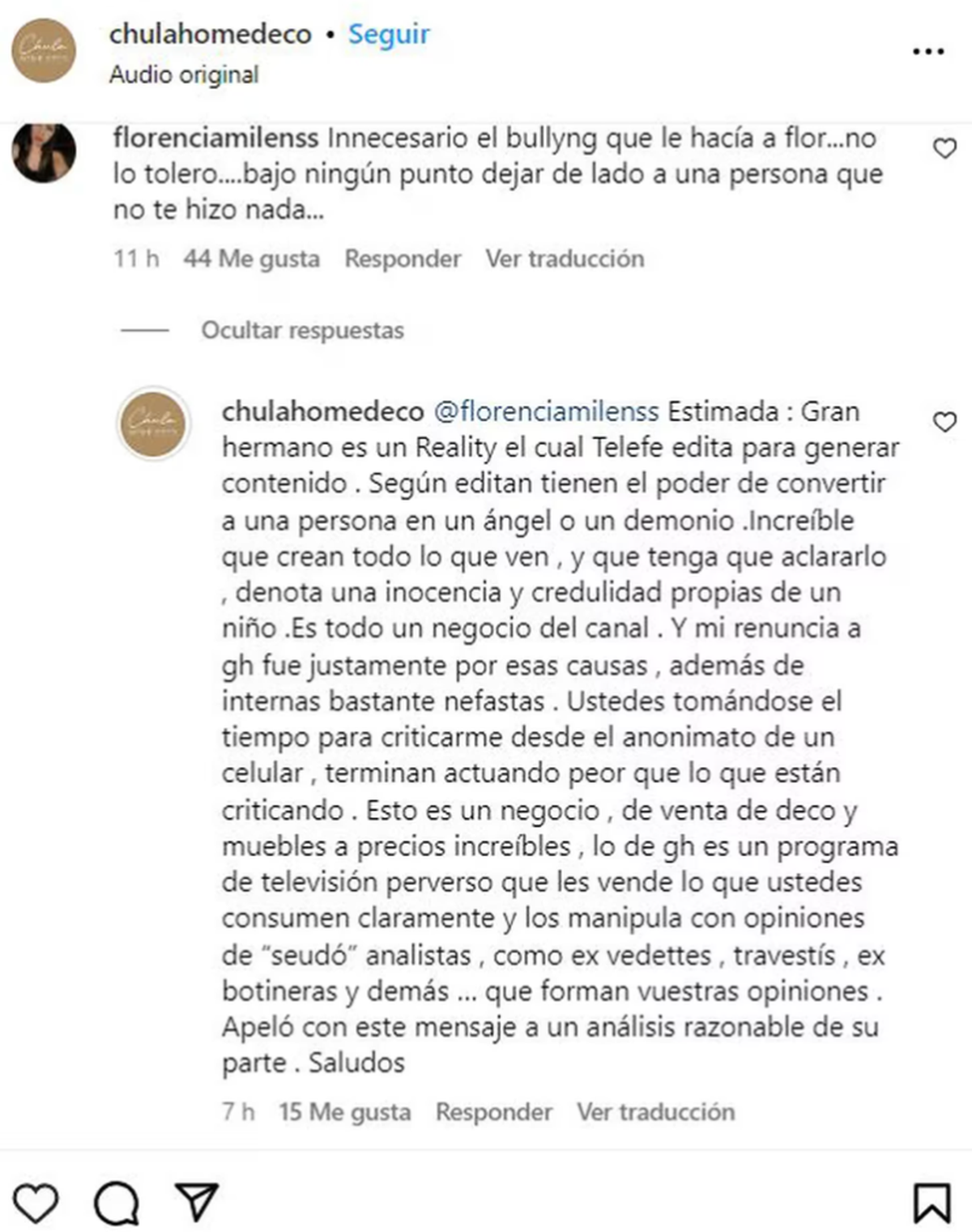 La respuesta de Carla De Stefano hacia una seguidora. La respuesta de Carla De Stefano hacia una seguidora.