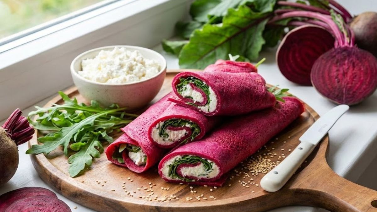 Estos rollitos de crepes de remolacha rellenos de ricotta y rúcula son perfectos como entrada o aperitivo. Estos rollitos de crepes de remolacha rellenos de ricotta y rúcula son perfectos como entrada o aperitivo.