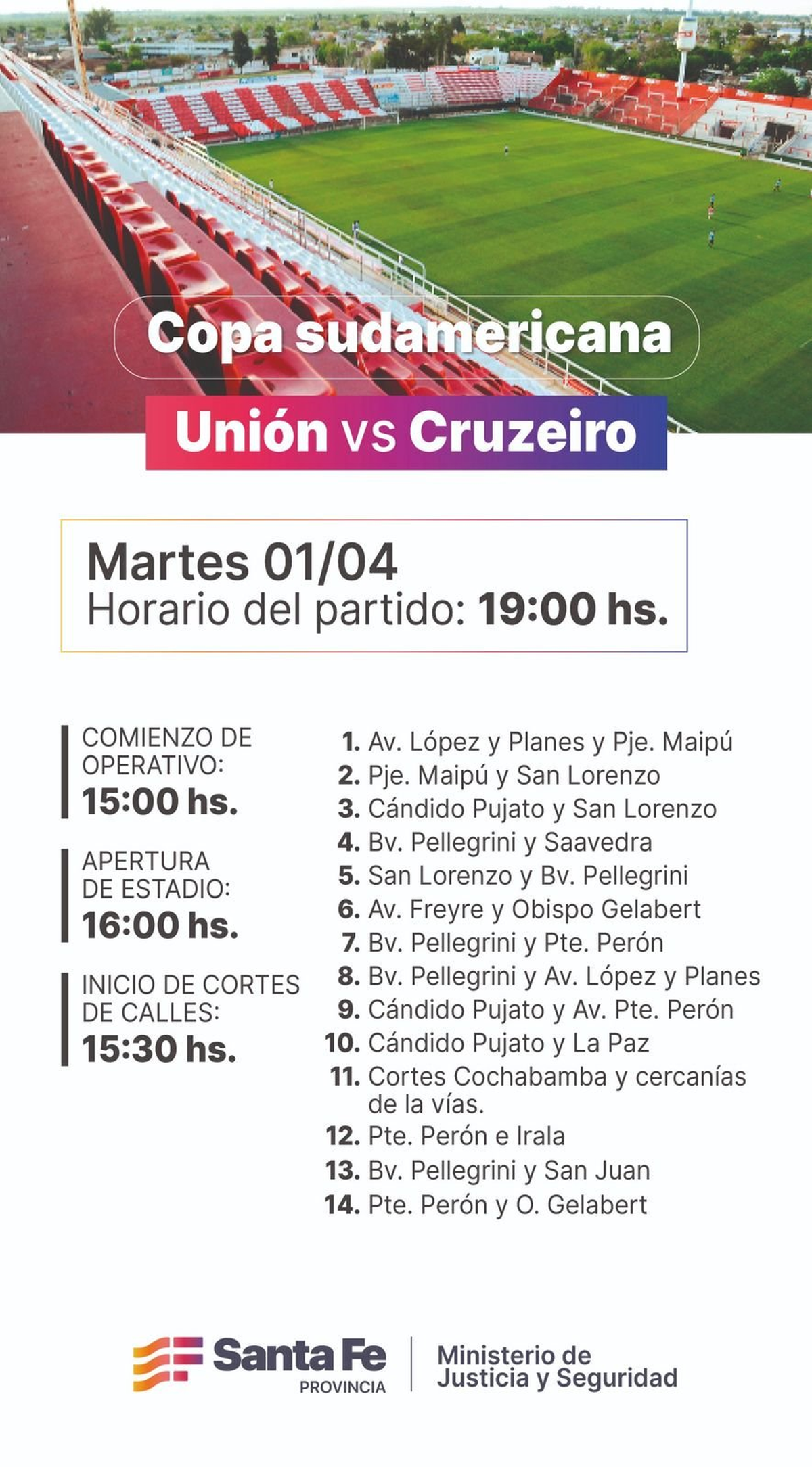 Unión vs Cruzeiro: cortes y desvíos en la zona en el 15 de Abril por el partido de Copa Sudamericana. Unión vs Cruzeiro: cortes y desvíos en la zona en el 15 de Abril por el partido de Copa Sudamericana.