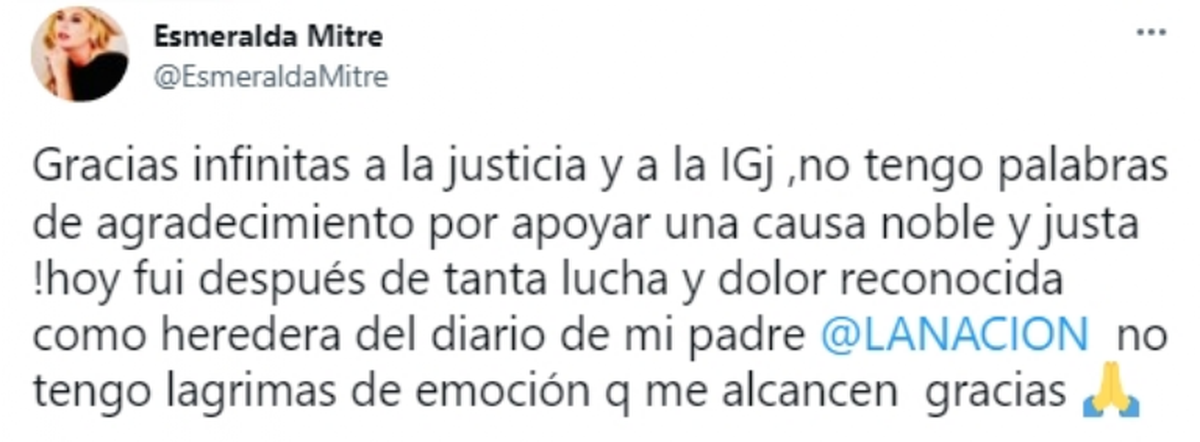 Las palabras de Esmeralda Mitre en su cuenta de Twitter.&nbsp;