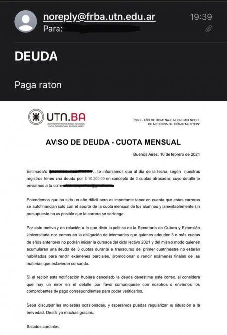 El mensaje completo enviado por la Universidad Tecnológica de Buenos Aires