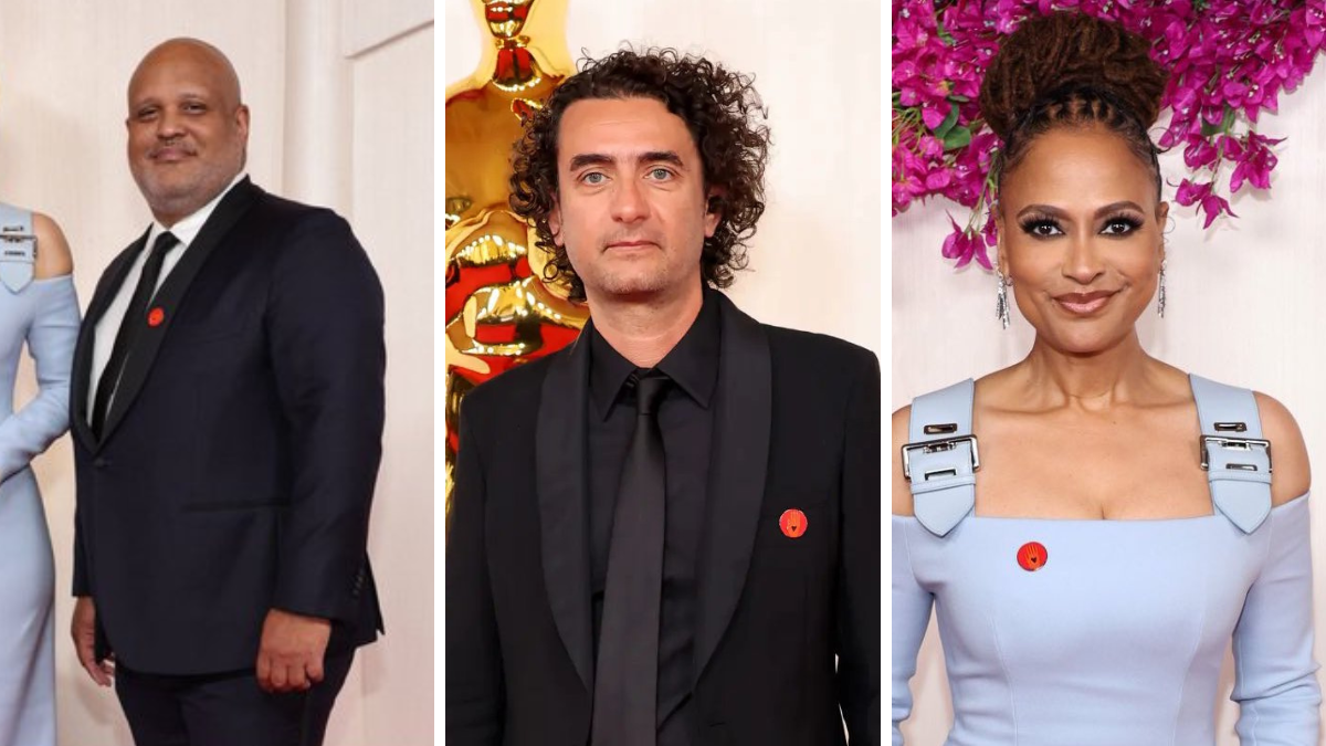 Paul Garnes, Nadim Cheikhrouha y Ava Duvernay mostrando el pin por el cese al fuego en Palestina en los Premios Óscar. Paul Garnes, Nadim Cheikhrouha y Ava Duvernay mostrando el pin por el cese al fuego en Palestina en los Premios Óscar.