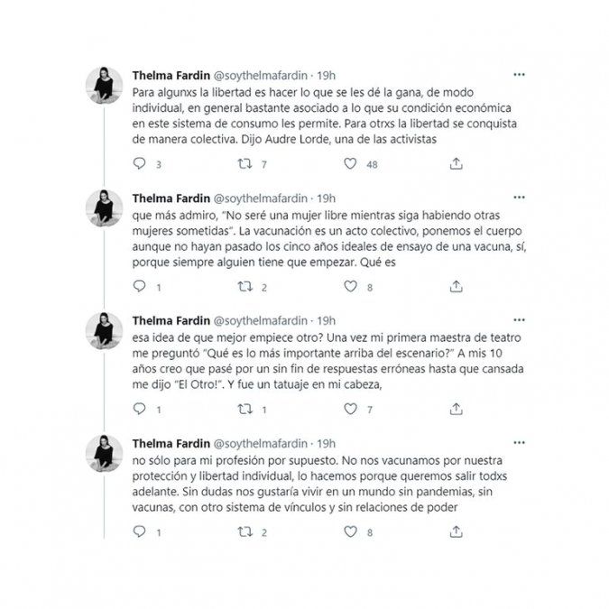 Thelma Fardin habló sobre la importancia de vacunarse.