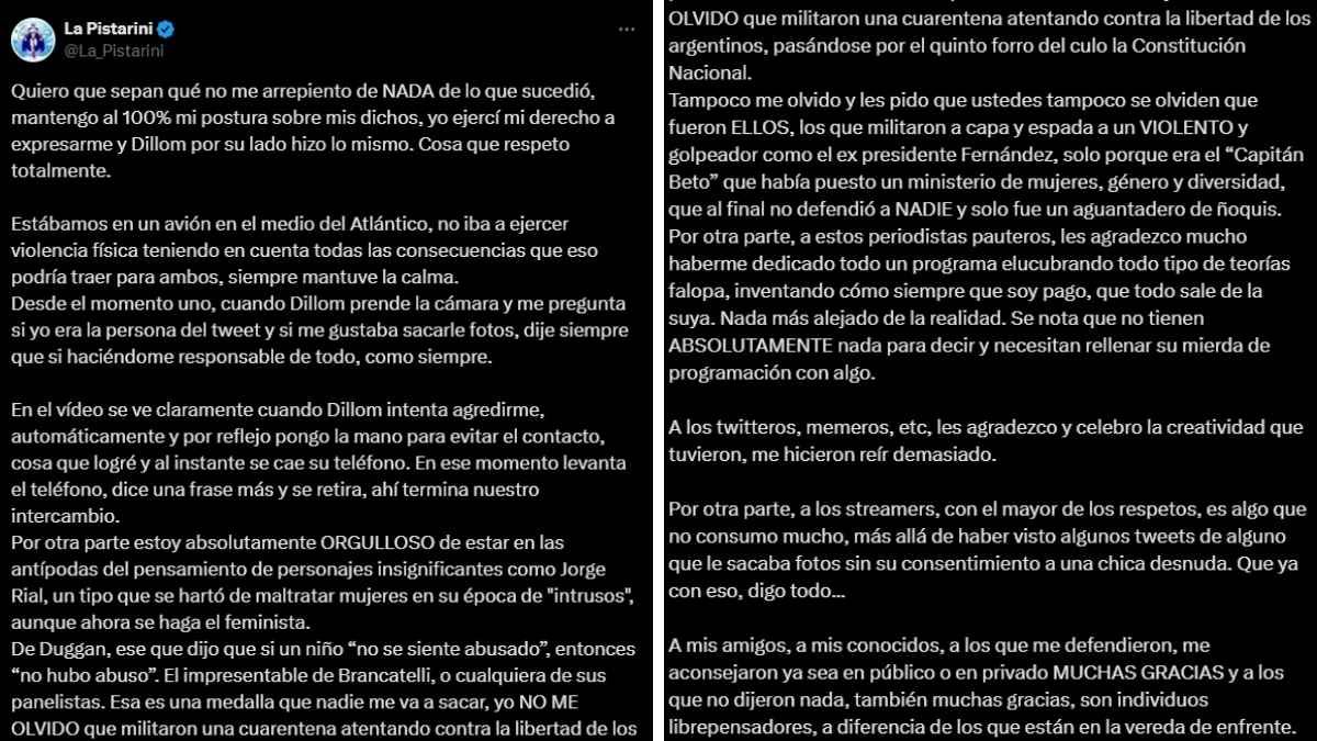 El descargo de La Pistarini luego de su enfrentamiento con Dillom. El descargo de La Pistarini luego de su enfrentamiento con Dillom.