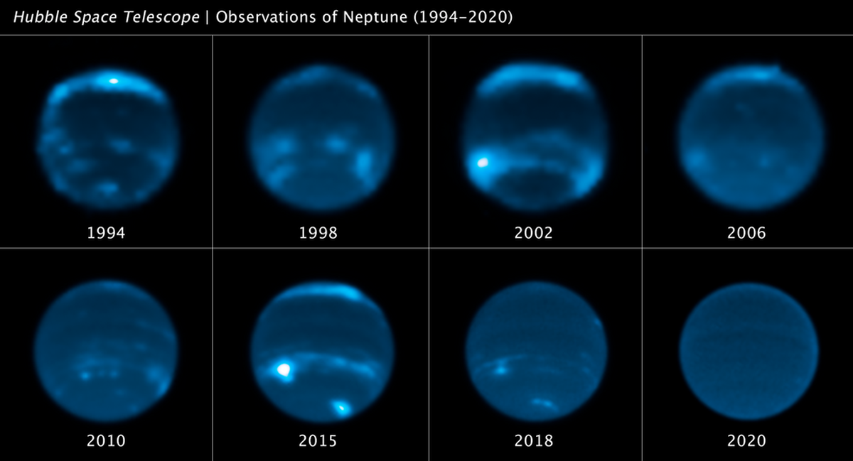 Esta secuencia de imágenes del telescopio espacial Hubble narra el aumento y disminución de la cantidad de cobertura de nubes en Neptuno.
