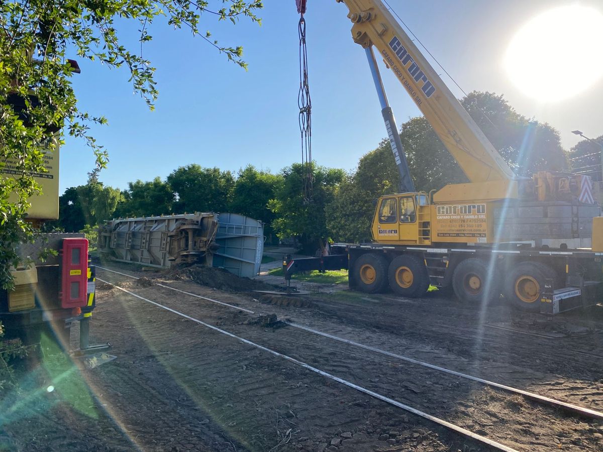 Con grúas de gran porte, personal trabaja en retirar los vagones del Belgrano Cargas.