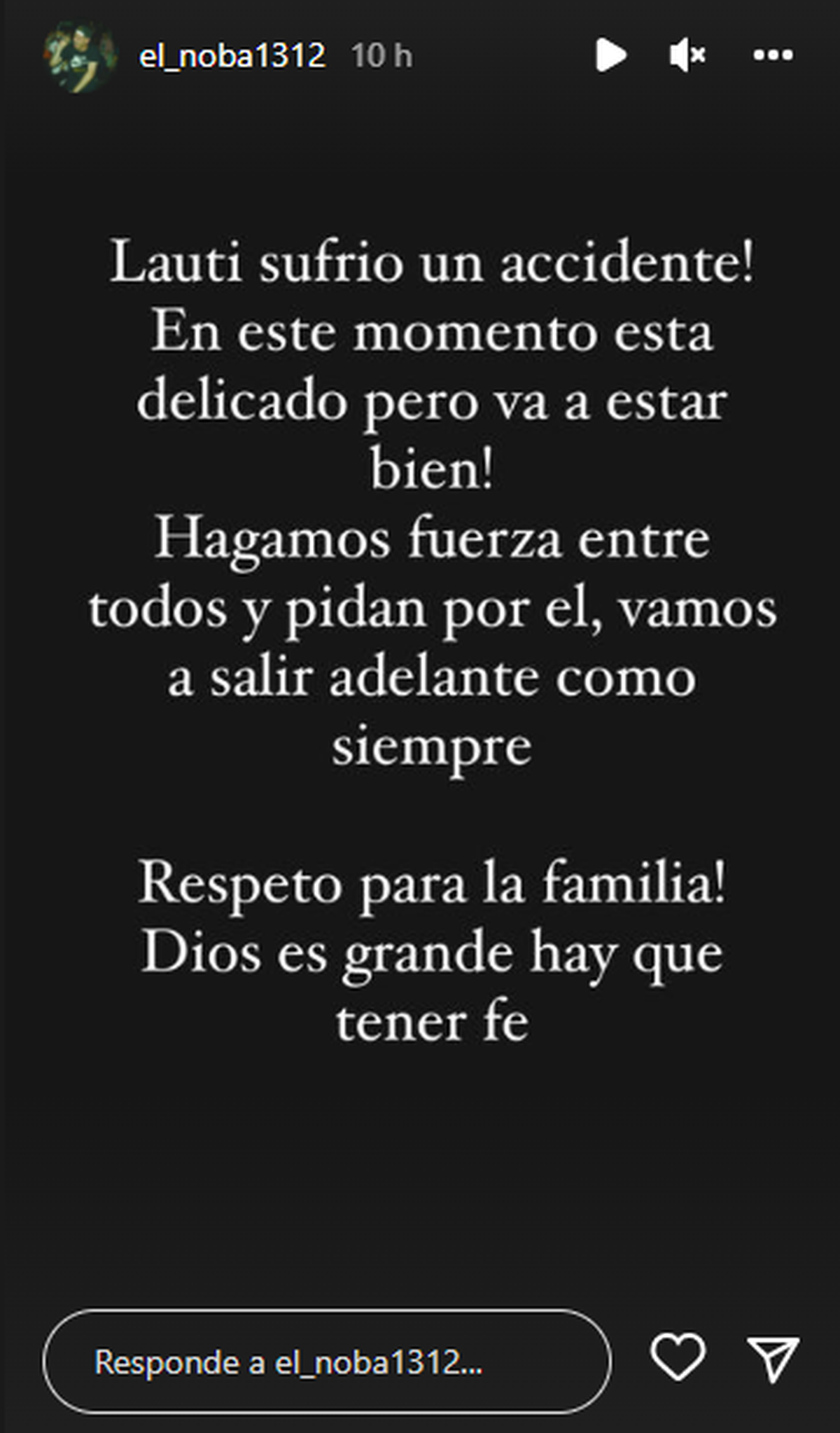 El Noba sufrió un grave accidente de moto y permanece internado en estado "delicado".