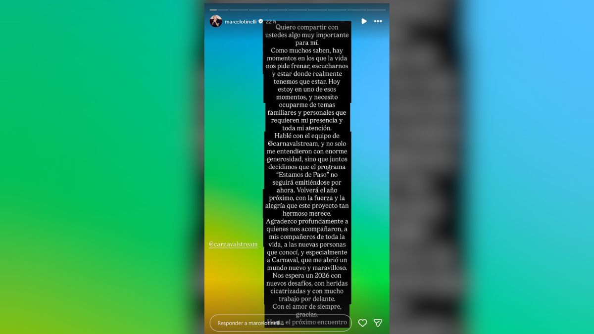 A trav&eacute;s de una historia de Instagram, Marcelo Tinelli anunci&oacute; que se retira del streaming.