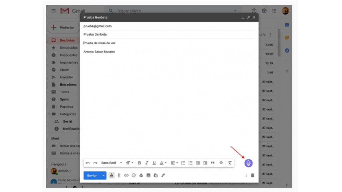 Gmail permite enviar audios como correo.j