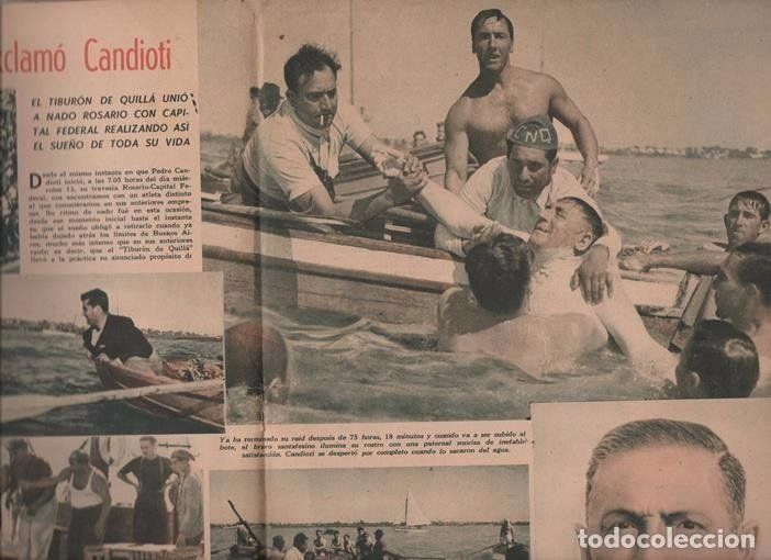 En las páginas de El Gráfico del 5 de abril de 1946, la proeza de Candioti recibió una amplia cobertura. La foto central fue tomada a las 10.23 del sábado 16 de marzo de 1946, cuando fue retirado de las aguas del Río de la Plata. A las 10.28, alcanzó la orilla caminando frente al edificio de la empresa Dodero, se despertó por completo y, de cara al cielo, dijo: “¡Gracias, Dios! ¡Llegué! ¡Llegué!”