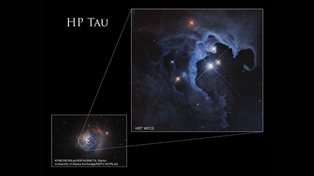 El Telescopio Espacial Hubble de la NASA capturó a la HP Tau, una joven estrella ubicada en la constelación de Tauro, a unos 550 años luz de la Tierra. El Telescopio Espacial Hubble de la NASA capturó a la HP Tau, una joven estrella ubicada en la constelación de Tauro, a unos 550 años luz de la Tierra. 