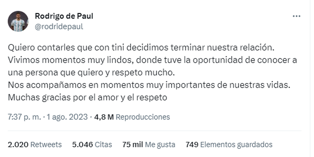 Rodrigo de Paul también confirmó la separación de Tini Stoessel. Rodrigo de Paul también confirmó la separación de Tini Stoessel.