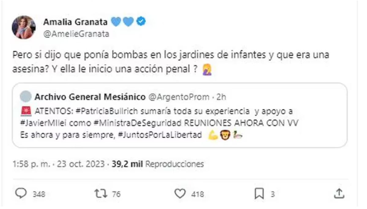 El tuit de Amalia Granata que generó controversia. El tuit de Amalia Granata que generó controversia.