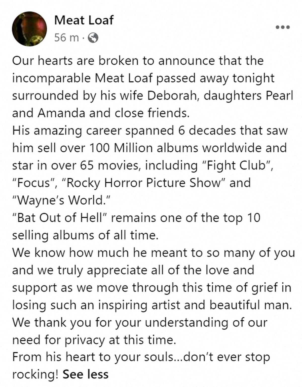 El comunicado que se publicó en el Facebook oficial de Meat Loaf. (Foto: captura Facebook)Por: SOCIAL MEDIA WEBSITE via REUTERS