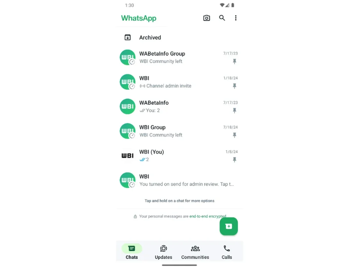 La imagen muestra cinco chats de WhatsApp anclados. La imagen muestra cinco chats de WhatsApp anclados.